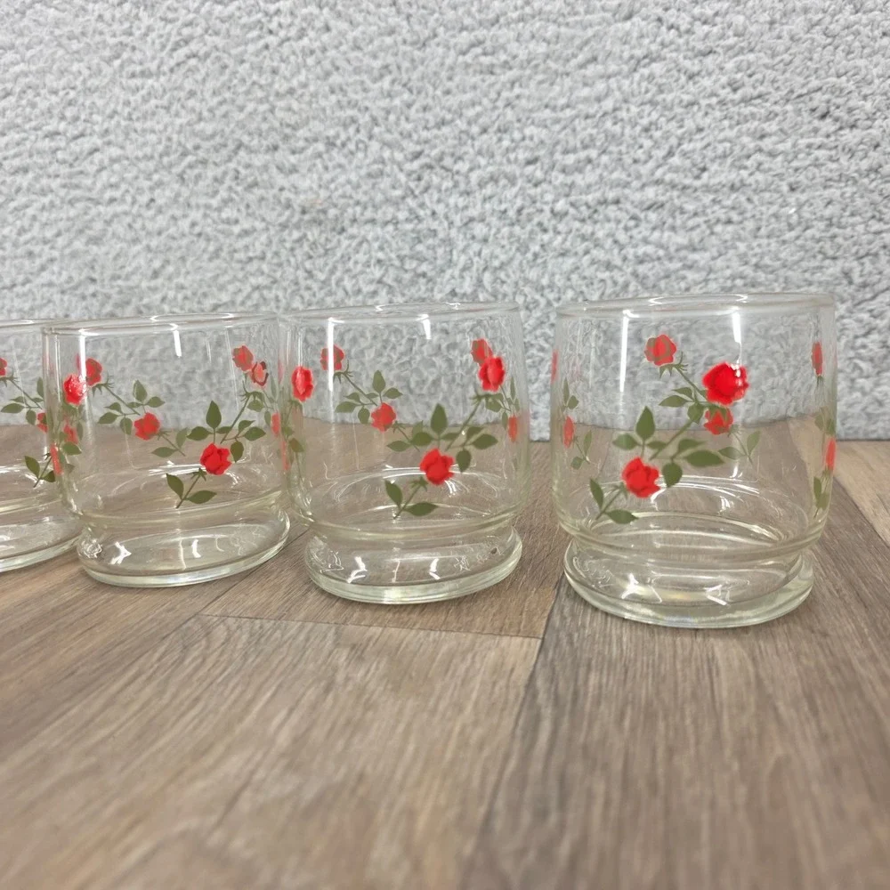 Vintage Red Rose Print Juice Glasses Set of 5 Clear Floral Tumblers 3.25in